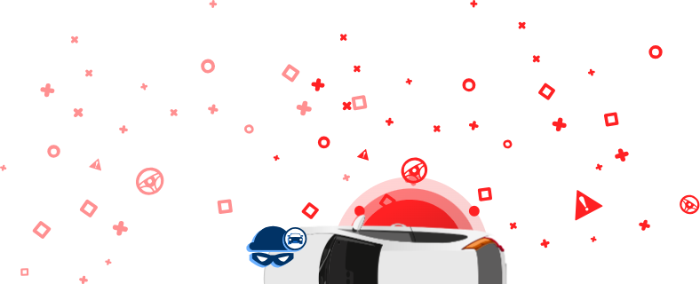 Teibiga mähitud auto, sissemurdja maski ja mütsi pilt punasel taustal autoikooniga. See pilt näitab varastatud sõidukite andmebaasidele juurdepääsu kontrollimist, et kontrollida, kas auto on varastatud.