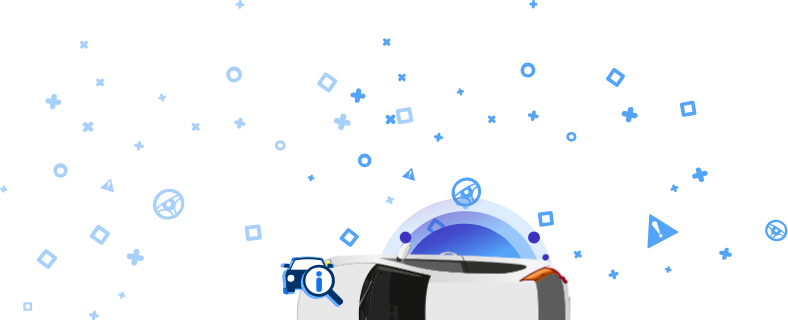 Valge auto ülaltvaates, mille ümber on sinised ikoonid ja VIN-tekst.