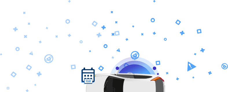 Valge auto ülaltvaates siniste ikoonidega, sh sõna REGISTREERITUD ja muud autotööstuse sümbolid.