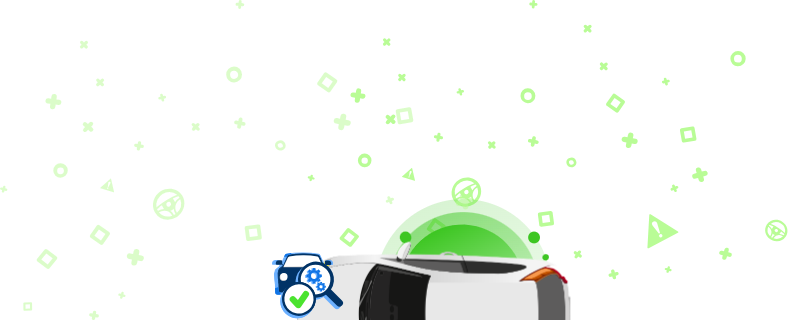 Valge auto ülaltvaates, mille ümber on ikoonid, sh sõna HOOLDATUD? ja VIN-sümbol ning muud autotööstuse sümbolid