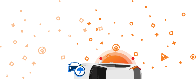 Valge auto ülaltvaates oranžide ikoonidega, sh sõnaga Kindlustatud? ja muud autotööstuse sümbolid