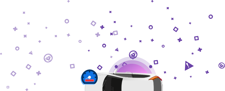 Pilt kahjustatud sõidukist, mille odomeetril on lillal taustal punane riba.