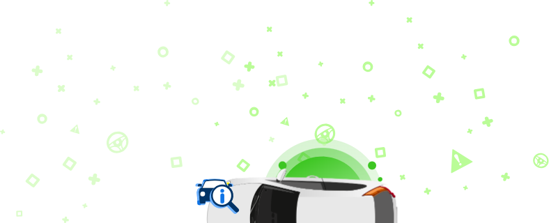 Illustratsioon autost, millel on luup ja millel on rohelisel taustal dekoratiivsete kujunditega teabeikoon. See pilt näitab, kuidas kontrollida sõiduki VIN-koodi üksikasjaliku teabe saamiseks.