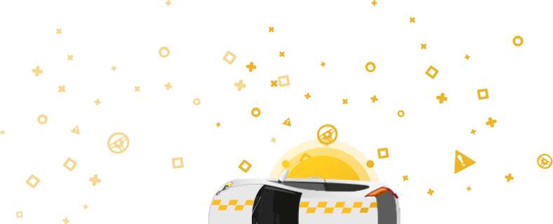 Pilt autost, mille peal on taksomärk, kollasel taustal geomeetriliste kujunditega. See graafik on seotud sõiduki kavandatud kasutusega, näidates, et seda kasutati taksona.