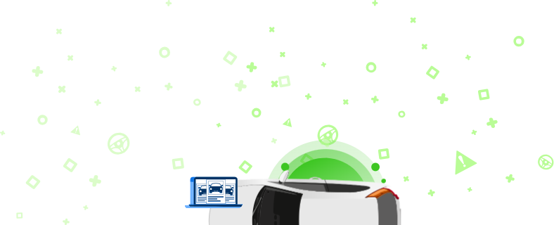 Illustratsioon autost koos sülearvutiga, millel on näha sõiduki fotod ja roheline taust geomeetriliste kujunditega. See pilt näitab, kuidas QR-koodi abil pääseda ligi sõiduki üksikasjalikele andmetele.