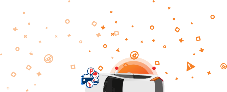 Illustratsioon kahjustatud autost, millel on oranžil taustal kliimaseadme, parkimisabi ja istmesoojenduse ikoonid.