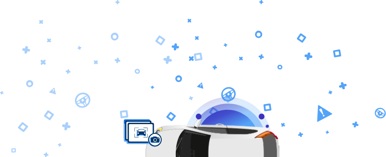 Katkise auto pilt, millel on kaameraikoon ja autoikoon sinisel taustal dekoratiivsete elementidega. See ikoon näitab, et sõidukist on lisatud fotod detailse visuaalse ülevaate saamiseks.