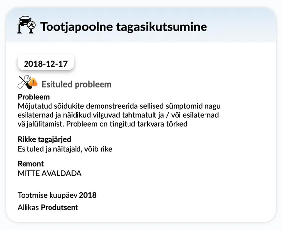 autoDNA Sõiduki ajaloo aruanne - tootjate tagasikutsumised