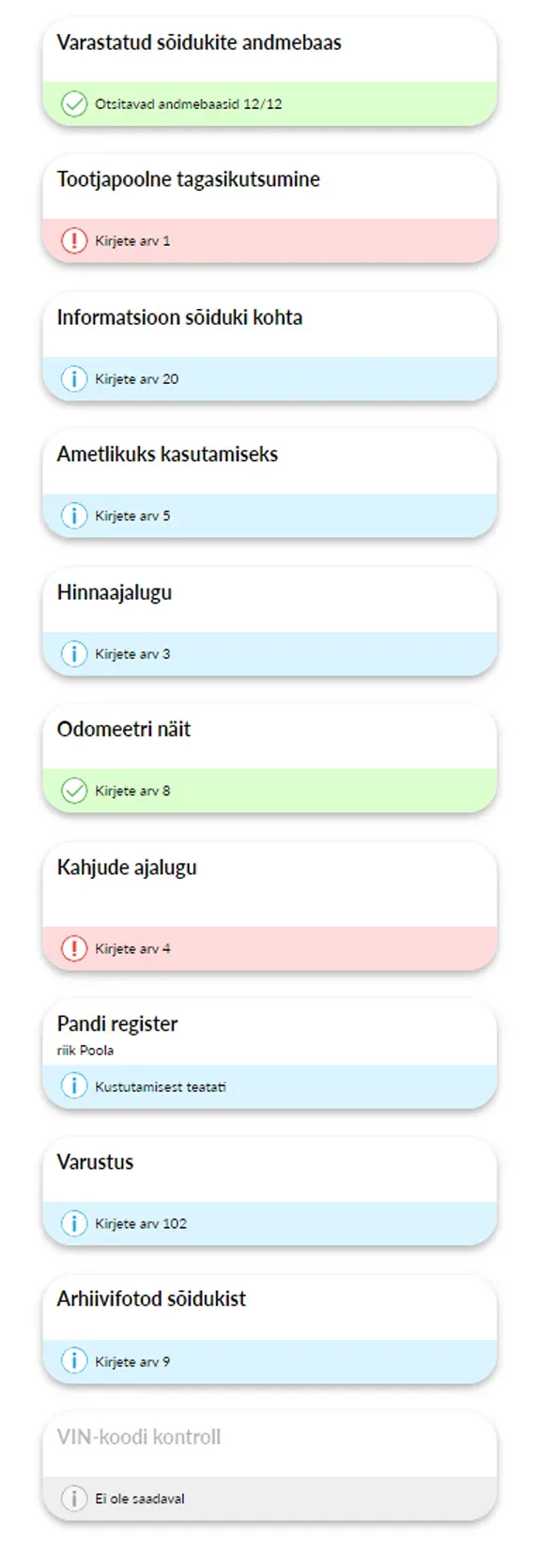 autoDNA aruanne sõiduki ajaloo kohta - Teavituskeskus