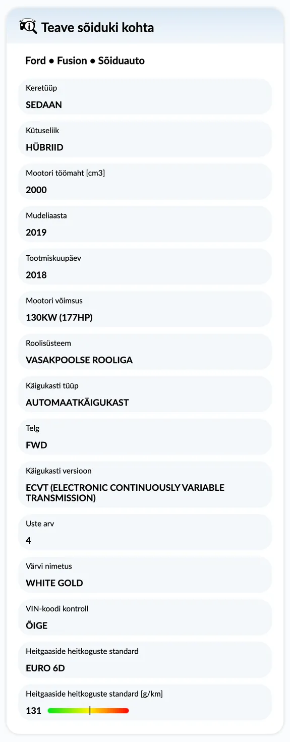 autoDNA Sõiduki ajaloo aruanne - sõiduki teave