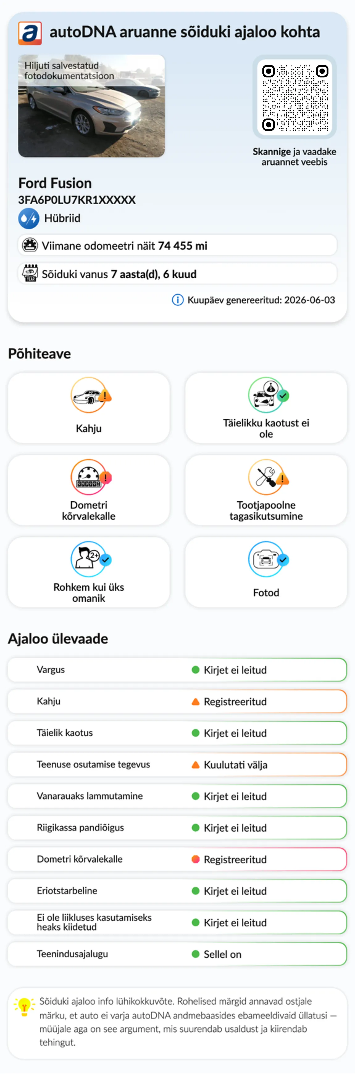autoDNA Sõiduki ajaloo aruanne - Eelmine teave