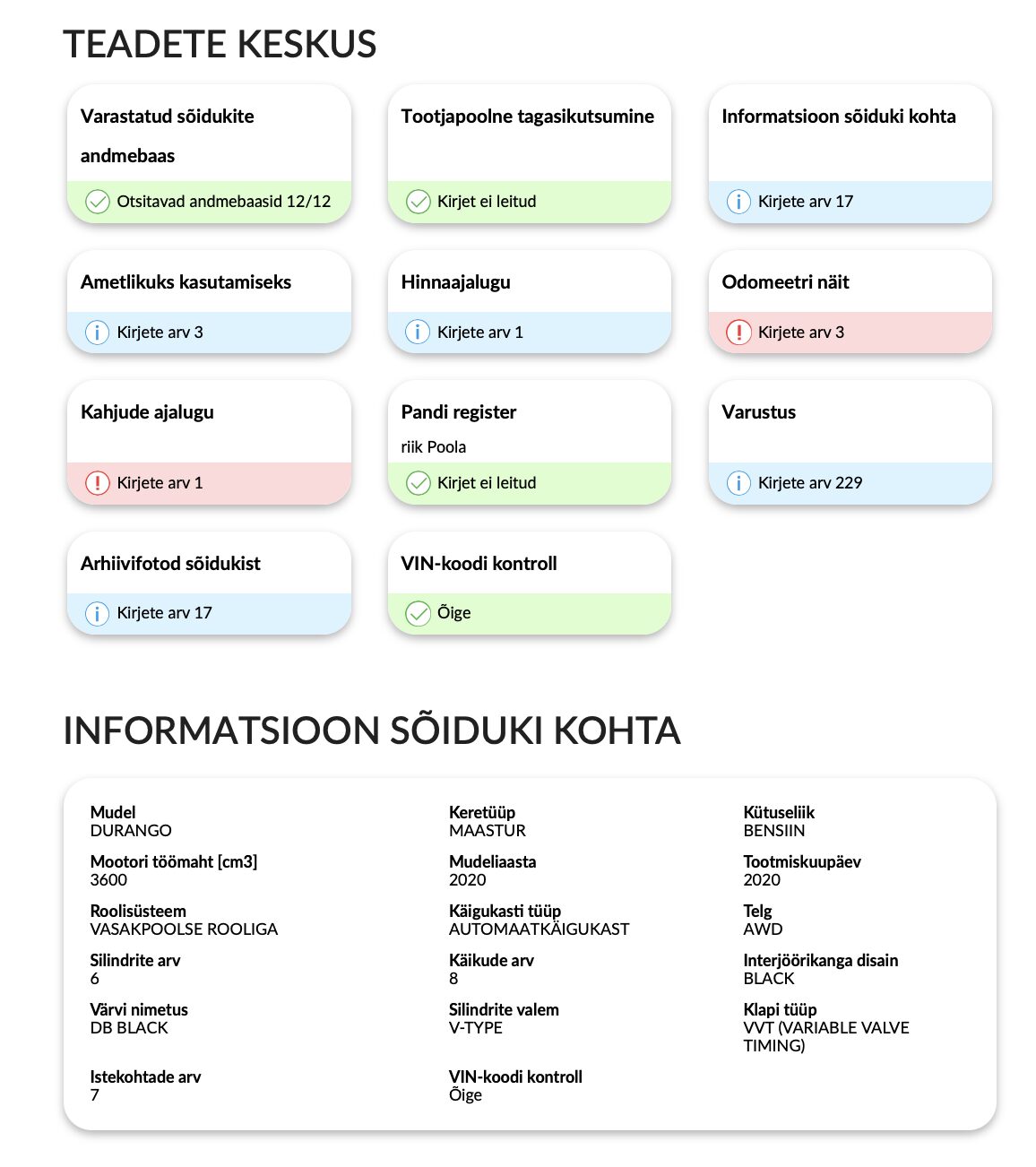 autoDNA sõiduki ajaloo aruanne