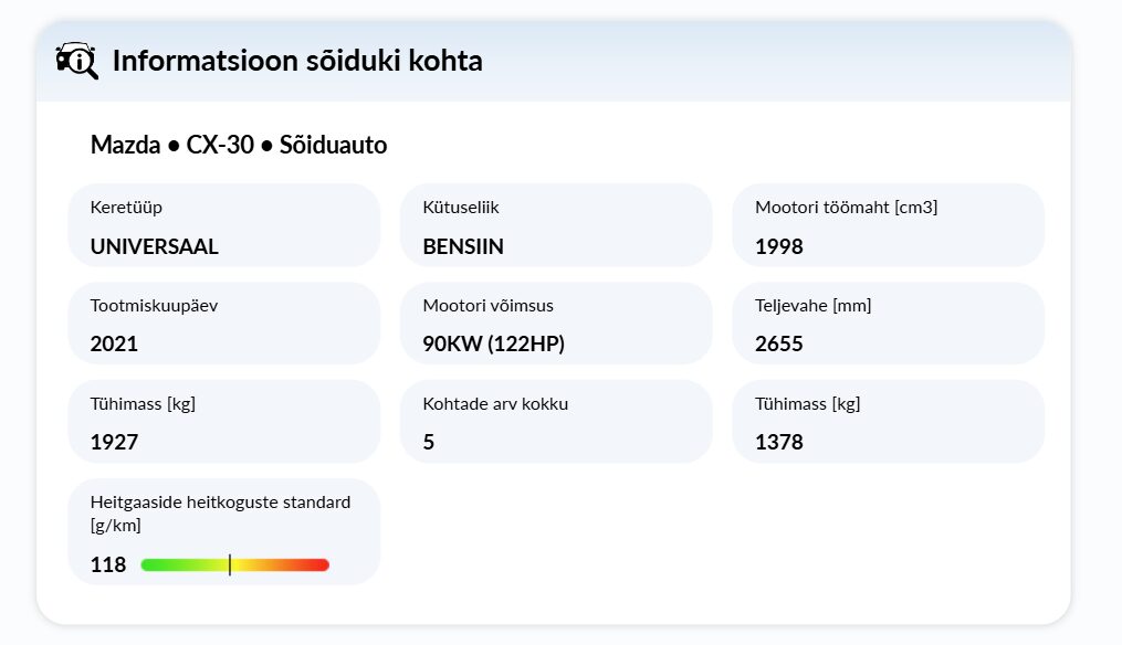 Heitgaaside normid jaotises „Teave sõiduki kohta” uues autoDNA sõiduki ajaloo aruandes